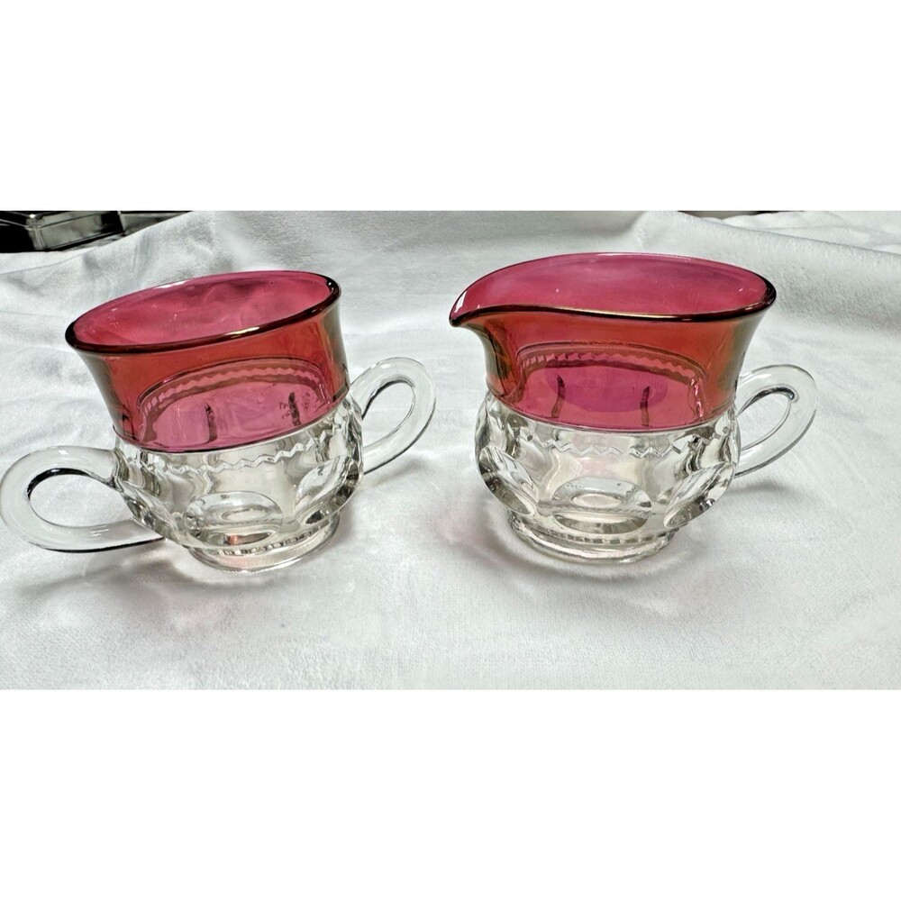 Vintage Colony Kings Crown Ruby Red Thumbprint Glassware Cream and Sugar Holder